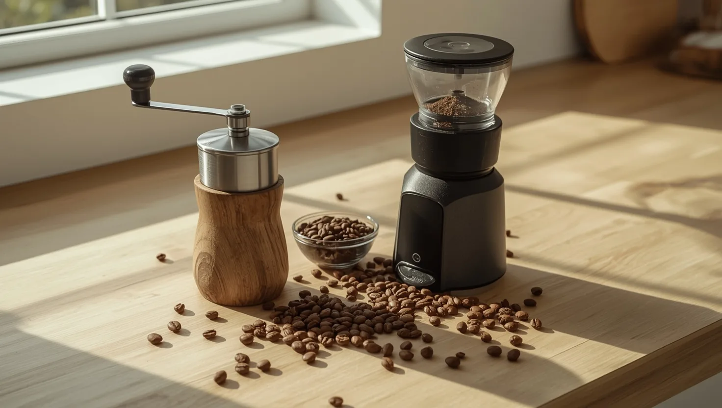 Handmühle und elektrische Kaffeemühle mit Kaffeebohnen